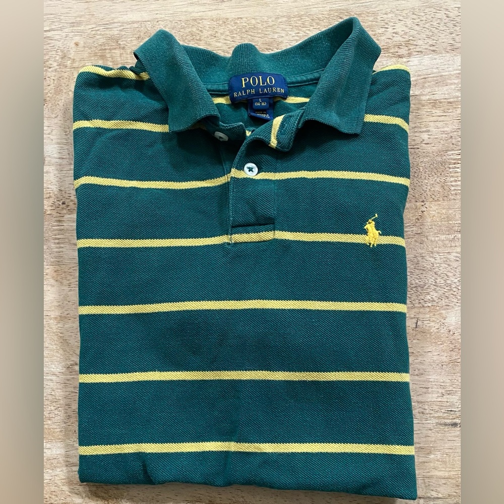 Polo Ralph Lauren Boy’s Sz L (14-16) Green/Yellow Striped Cotton Mesh Polo‎